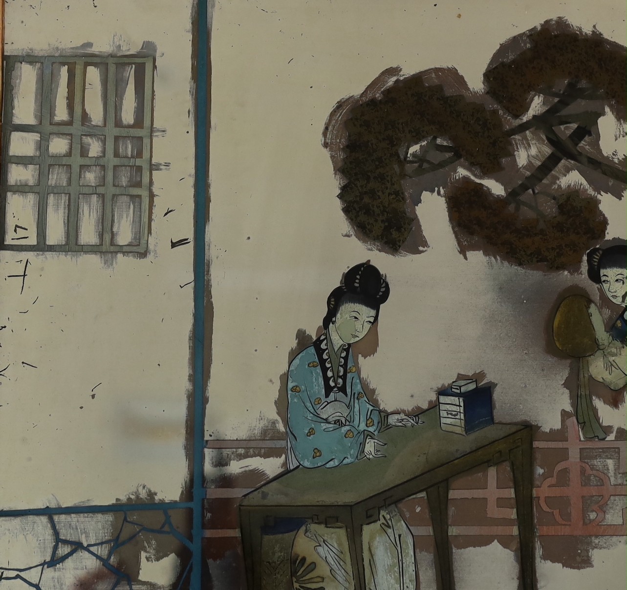 A 19th century Chinese reverse painted glass mirror, depicting a female scholar and figures in a garden, 38 x 59cm, in a period gilt frame